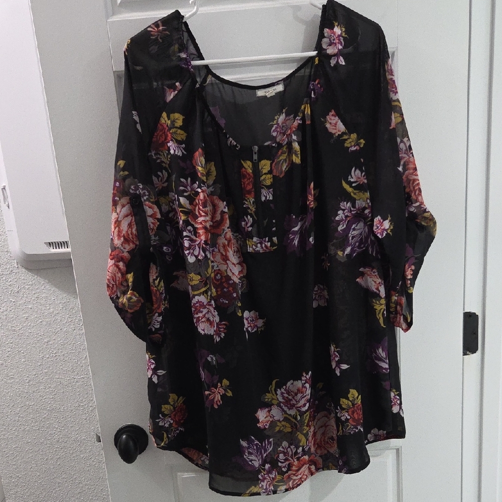 Pleione Black Blouse with Floral Design